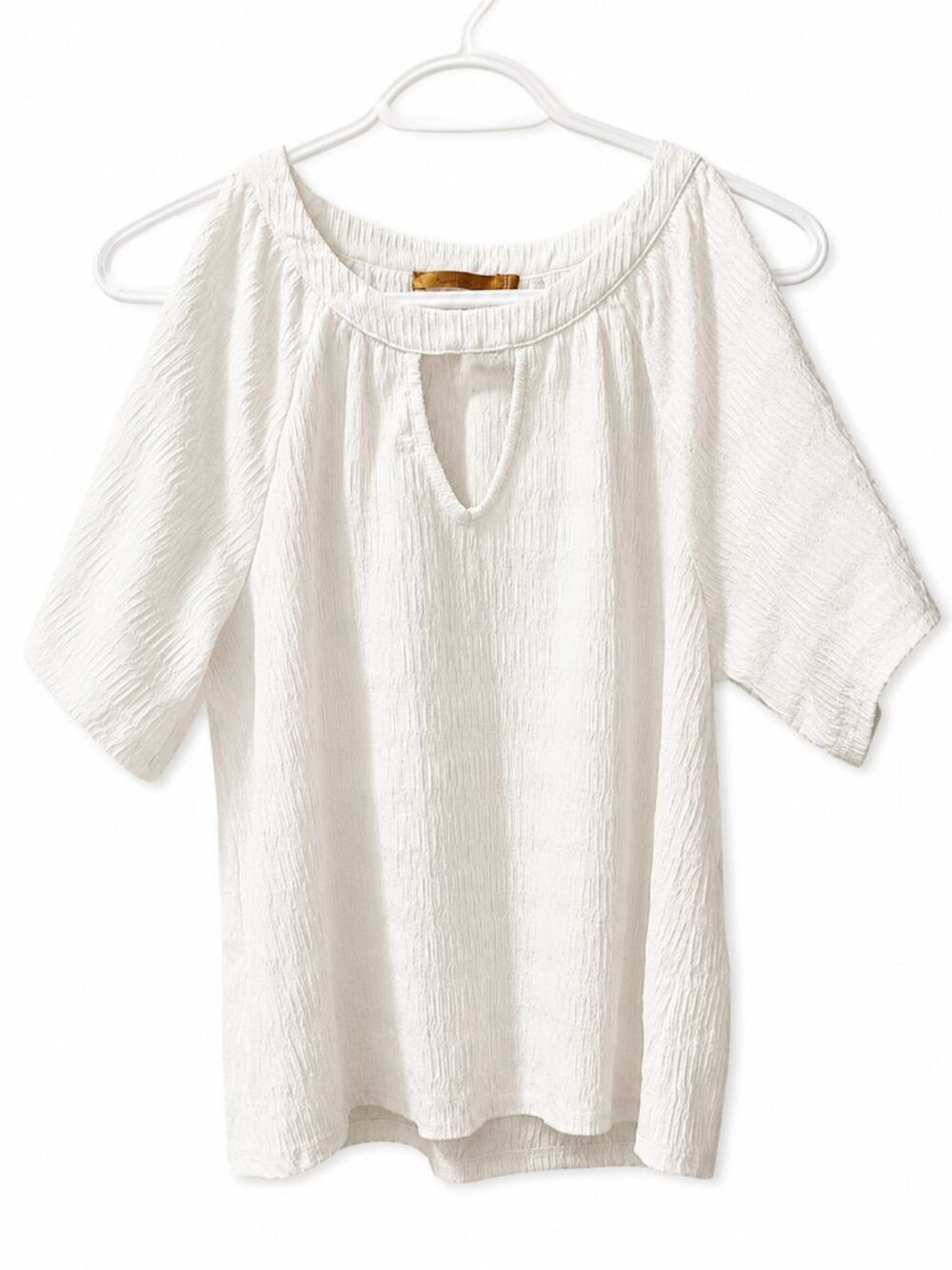 Belldini White Textured Short-Sleeve Blouse with Keyhole